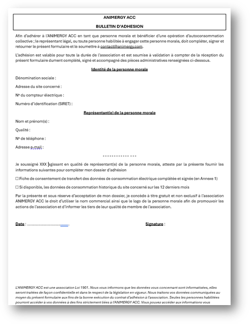 Exemple de bulletin d'adhésion à la PMO "Animergy ACC"